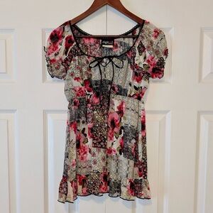 Y2K Vintage Size L Floral Poppy Patchwork Whimsigoth Babydoll Blouse